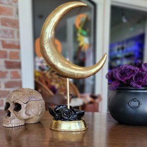 Gothic Gold Brass Crescent Moon Pedestal Stand w/Black Roses
